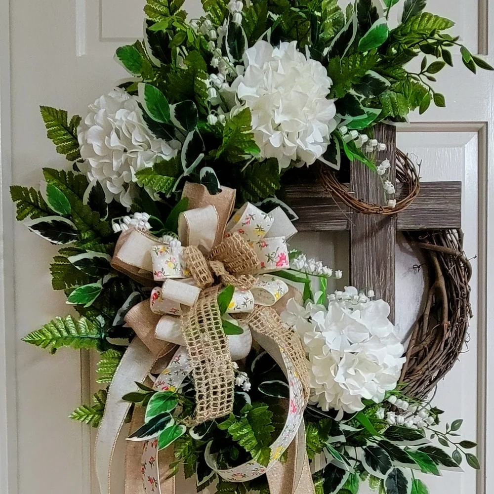 White Hydrangea and Greenery Decorative Door Wreath with Burlap Ribbon